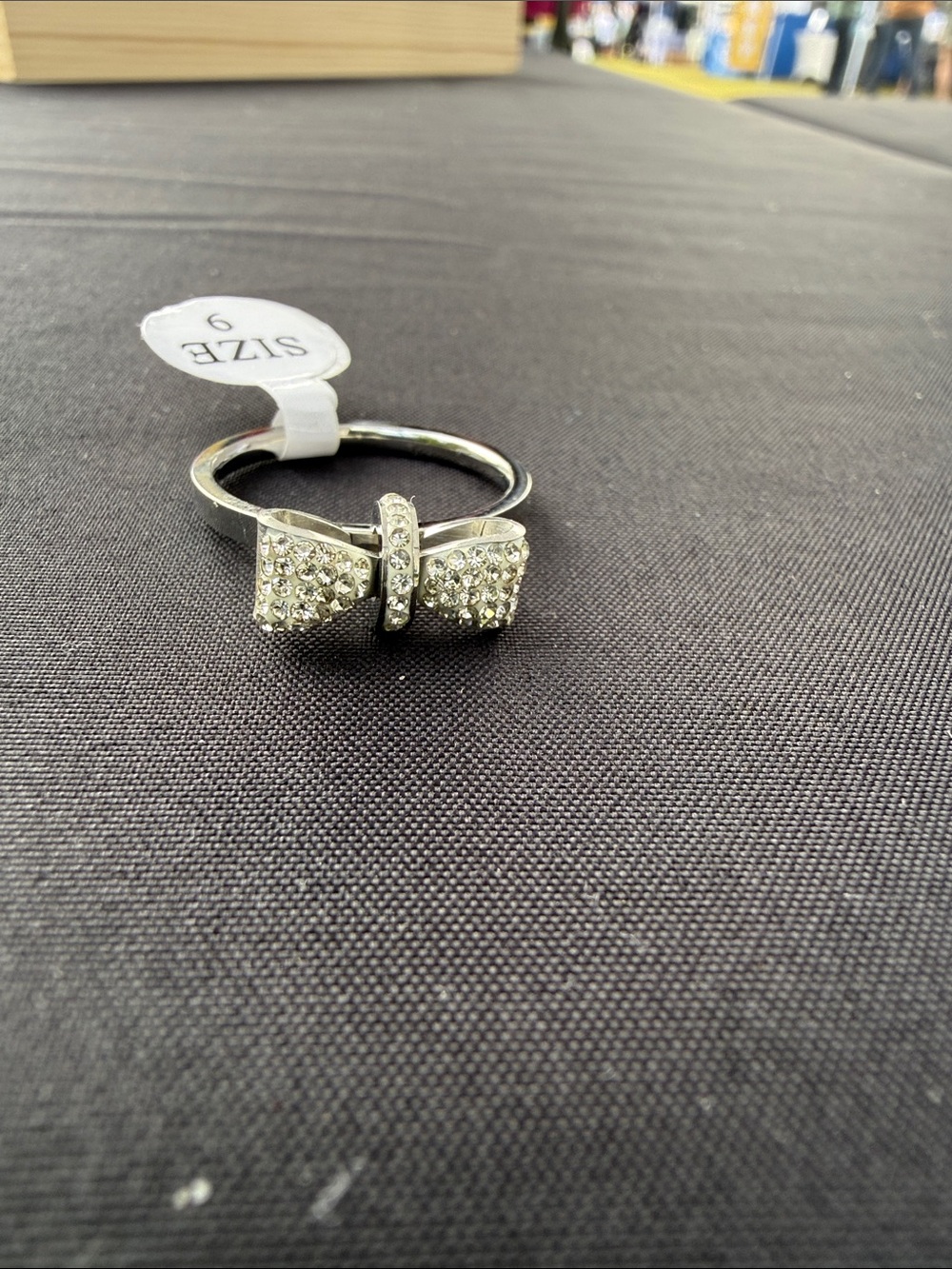 Crystal Rhinestone Bow Accent Silver Ring - Size 9